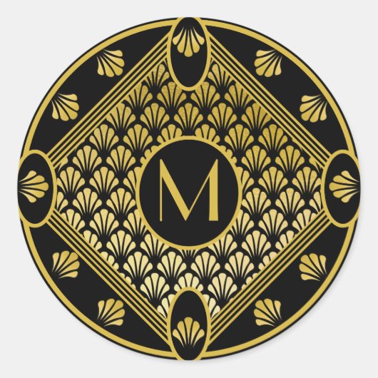 Chic Black & Gold Art Deco Lüftermuster Monogramm Runder Aufkleber (Vorderseite)