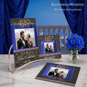 Chic Black Gold Blue Silk 65. Hochzeitstag Einladung