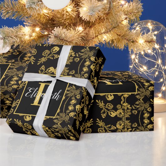 Chic Black Gold Blume Vintages Muster einzigartig Geschenkpapier (Feiertage)