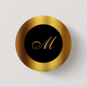 Chic Black Gold Calligraphy Border Monogram Button