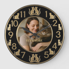 Chic Black & Gold Cat Lover's Wall Clock Große Wanduhr
