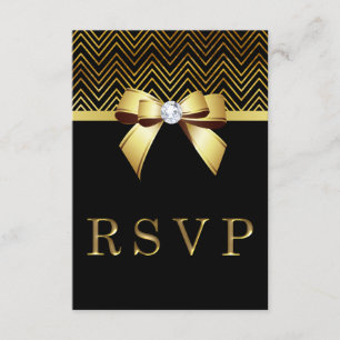 Chic Black Gold Chevrons Diamond Bow UAWG RSVP Karte