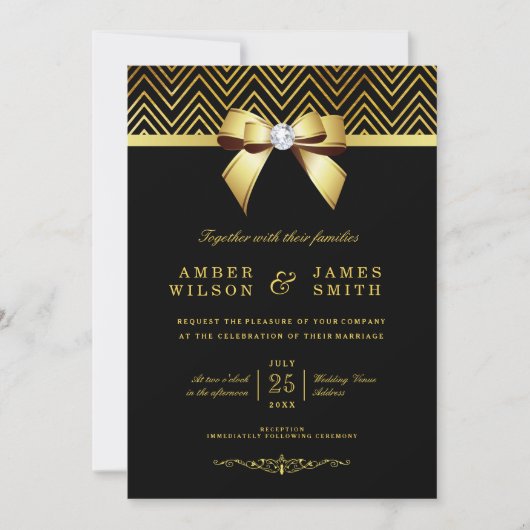 Chic Black Gold Chevrons Diamond Bow Wedding Einladung (Vorderseite)