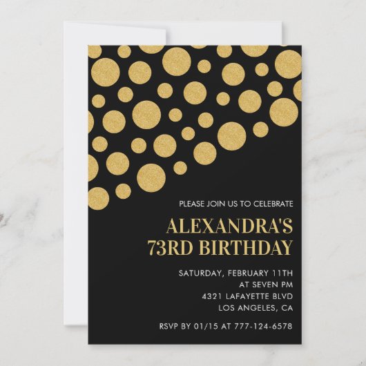 Chic Black Gold Confetti 73. Geburtstag Einladung (Vorderseite)