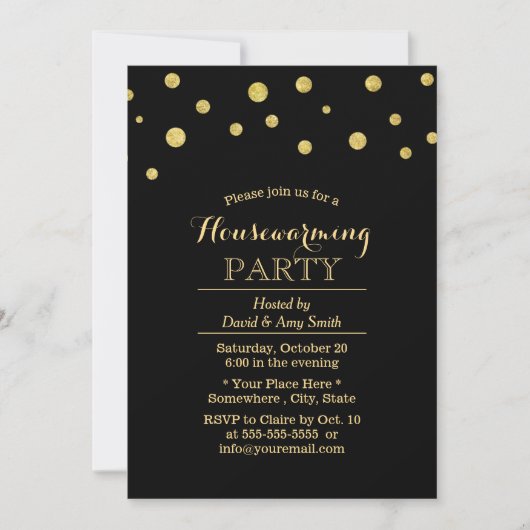 Chic Black & Gold Confetti Dots Housewarming Einladung (Vorderseite)