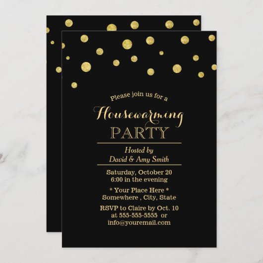 Chic Black & Gold Confetti Dots Housewarming Einladung (Vorne/Hinten)