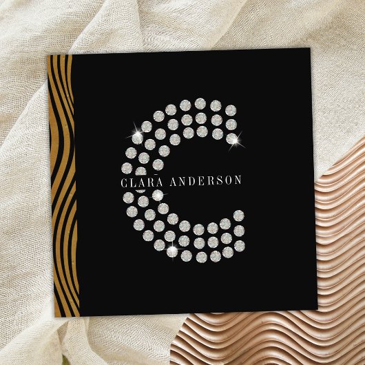 Chic Black Gold Diamond Initial C Monogram QR Code Quadratische Visitenkarte
