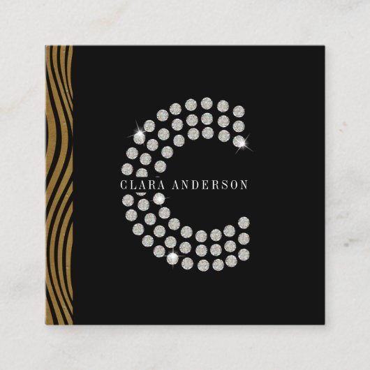 Chic Black Gold Diamond Initial C Monogram QR Code Quadratische Visitenkarte (Vorderseite)