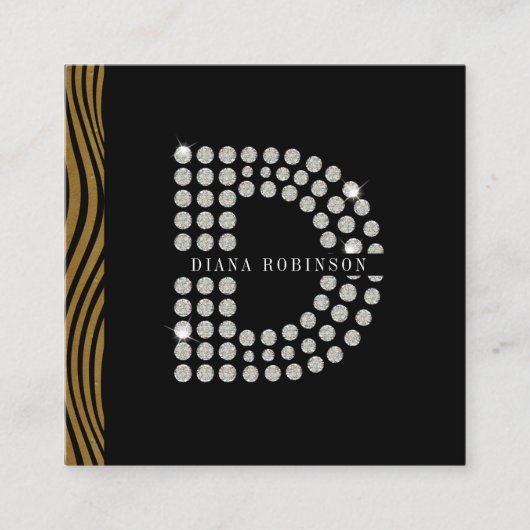 Chic Black Gold Diamond Initial D Monogram QR Code Quadratische Visitenkarte (Vorderseite)