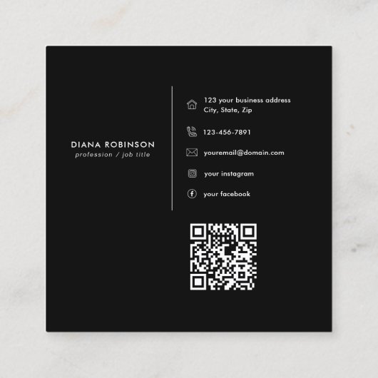 Chic Black Gold Diamond Initial D Monogram QR Code Quadratische Visitenkarte (Rückseite)