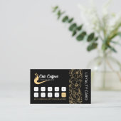 Chic Black Gold Floral Friseur Schönheitssalon Treuekarte (Stehend Vorderseite)