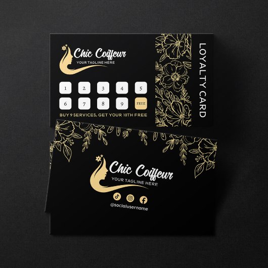Chic Black Gold Floral Friseur Schönheitssalon Treuekarte