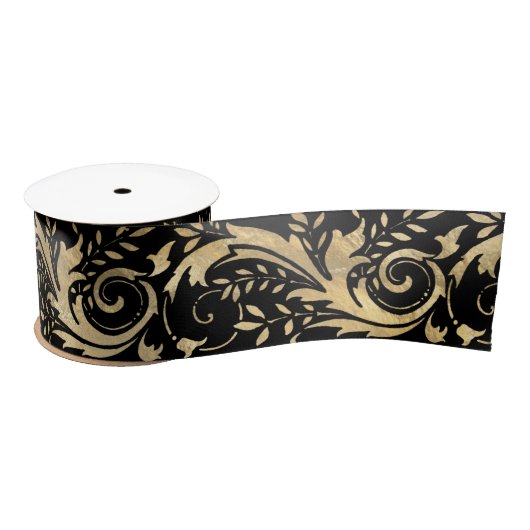 Chic Black Gold Floral Scroll Modernes Design Satinband (Spule)