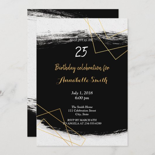 Chic Black & Gold Geometric Rahmen Geburtstag Einladung (Vorne/Hinten)