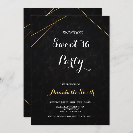 Chic Black & Gold Geometric Rahmen süß 16 Einladung (Vorne/Hinten)