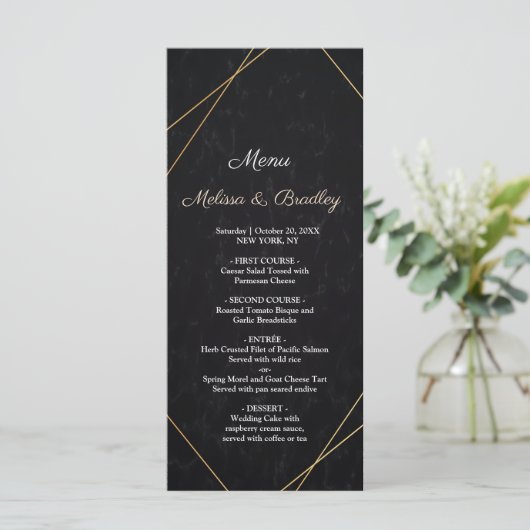 Chic Black & Gold Geometric Rahmen Wedding Menu Programm (Stehend Vorderseite)