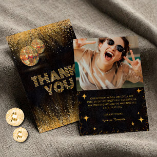 Chic Black Gold Glitter Disco-Kugeln Geburtstagsfo Dankeskarte