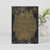Chic Black Gold Glittery Tropical Foliage Sweet 16 Einladung (Stehend Vorderseite)