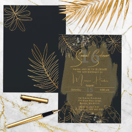 Chic Black Gold Glittery Tropical Foliage Sweet 16 Einladung