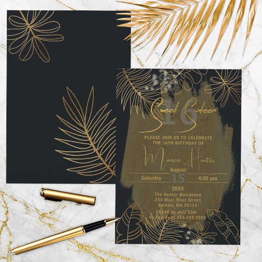 Chic Black Gold Glittery Tropical Foliage Sweet 16 Einladung