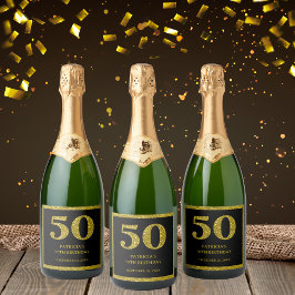 Chic Black & Gold Glitzer 50. Geburtstag Schaumweinetikett