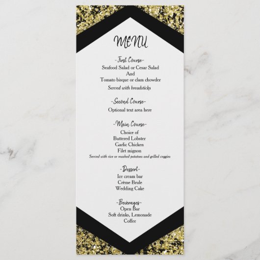 Chic Black & Gold Glitzer Flakes Glam Wedding Menu Menükarte (Vorderseite)