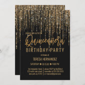 Chic Black Gold Glitzer Fringe Vorhang Quinceañera Einladung (Vorne/Hinten)