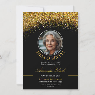 Chic Black & Gold Glitzer Ladys 60. Geburtstag Einladung