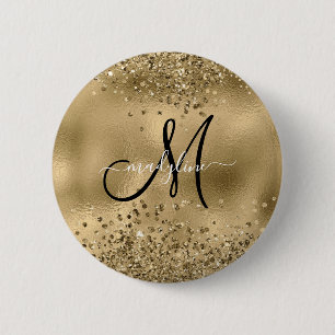 Chic Black Gold Glitzer Monogram Name Button