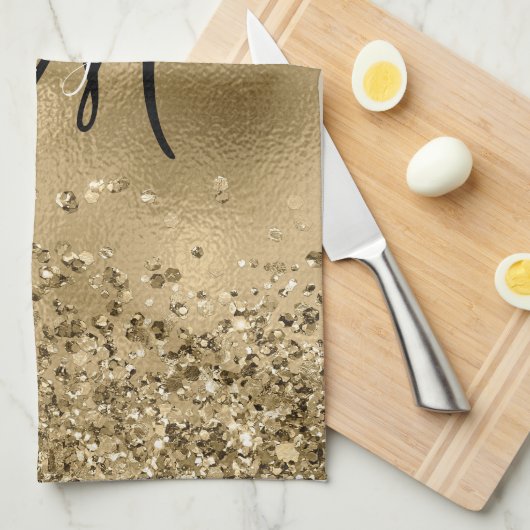 Chic Black Gold Glitzer Monogram Name Geschirrtuch (Viertel Falte)