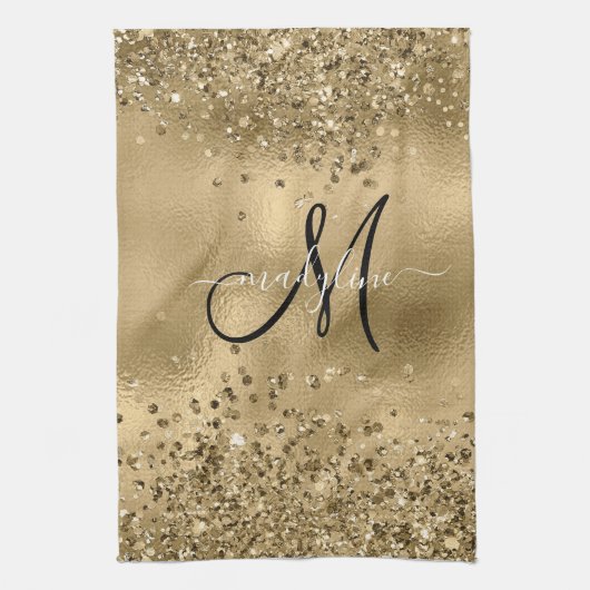 Chic Black Gold Glitzer Monogram Name Geschirrtuch (Vertikal)