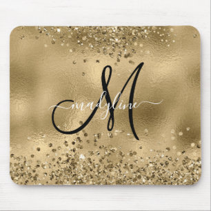 Chic Black Gold Glitzer Monogram Name Mouse Pad Mousepad