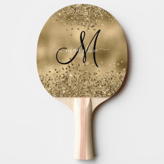 Chic Black Gold Glitzer Monogram Name Tischtennis Schläger (Rückseite)