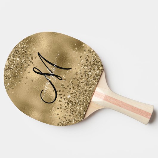 Chic Black Gold Glitzer Monogram Name Tischtennis Schläger (Seitenansicht)
