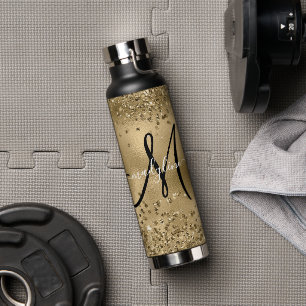 Chic Black Gold Glitzer Monogram Name Trinkflasche
