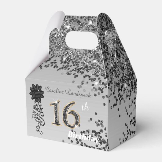 Chic Black Gold Glitzer & Ribbon 16. Geburtstag Geschenkschachtel (Vorderseite)