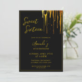Chic Black & Gold Glitzer Tropfen Sweet 16 Birthda Einladung (Stehend Vorderseite)