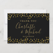 Chic Black Gold Hearts Confetti Signature-Script Dankeskarte (Vorderseite)