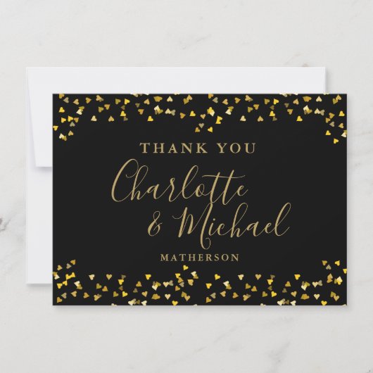 Chic Black Gold Hearts Confetti Signature-Script Dankeskarte (Vorderseite)