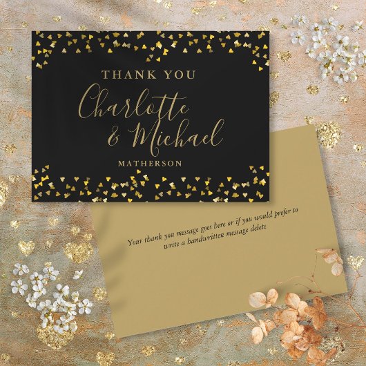 Chic Black Gold Hearts Confetti Signature-Script Dankeskarte