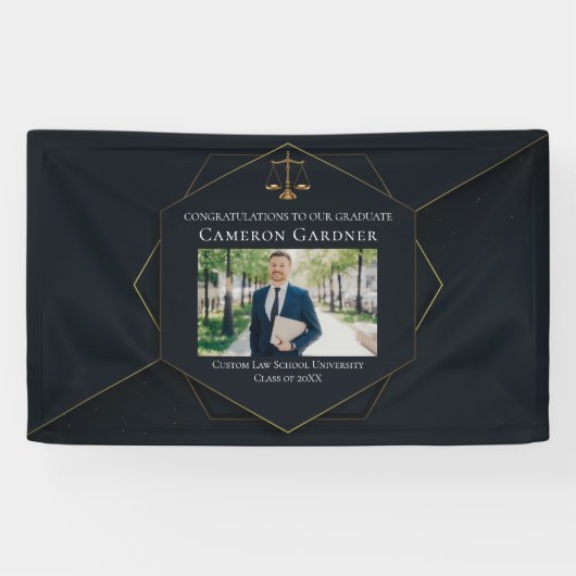 Chic Black Gold Law School Foto Graduation Party Banner (Horizontal)