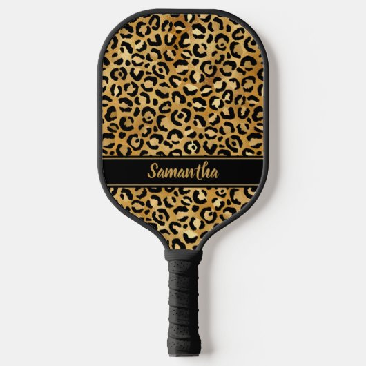 Chic Black Gold Leopard Print Personalisiert Pickleball Schläger (Vorderseite)