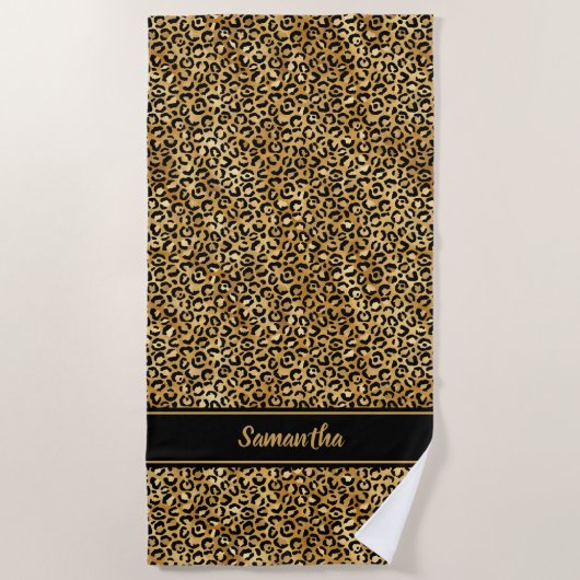 Chic Black Gold Leopard Print Personalisiert Strandtuch (Vorderseite)