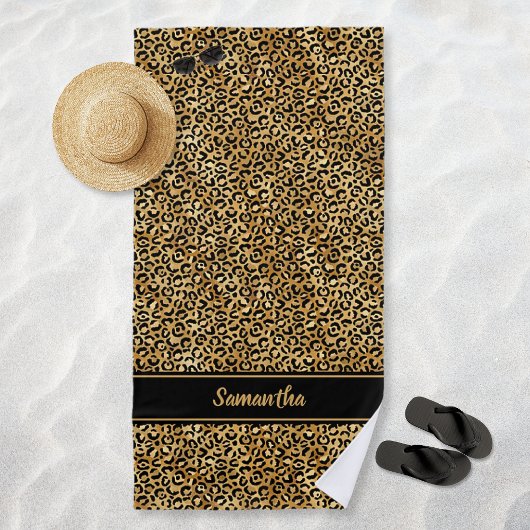 Chic Black Gold Leopard Print Personalisiert Strandtuch
