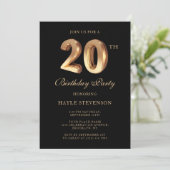 Chic Black & Gold Luxury Stilvoll 20. Geburtstag Einladung (Stehend Vorderseite)
