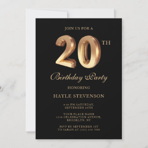 Chic Black & Gold Luxury Stilvoll 20. Geburtstag Einladung