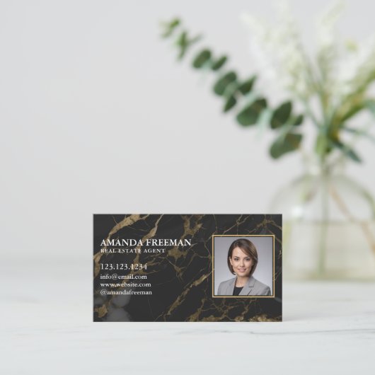 Chic Black & Gold Marble Foto Real Anwesen Agent Visitenkarte (Stehend Vorderseite)