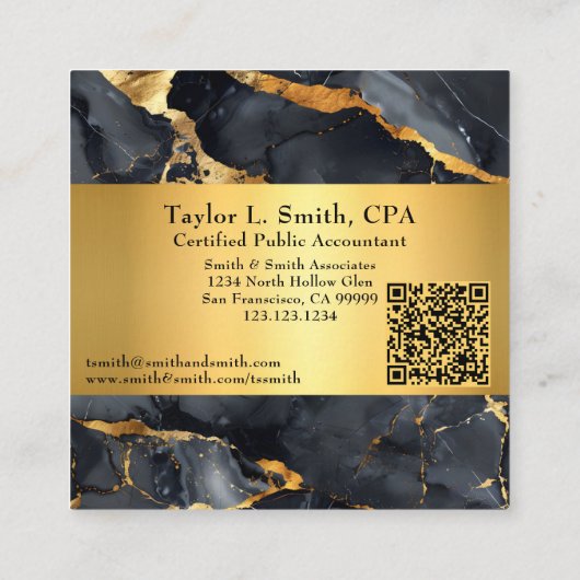 Chic Black & Gold Marble QR Code CPA/Vorlage Quadratische Visitenkarte (Rückseite)