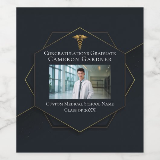 Chic Black Gold Medical School Abschluss Foto Weinetikett (Einzelnes Label)