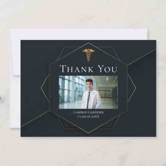 Chic Black Gold Medical School Foto Abschluss Dankeskarte (Vorderseite)